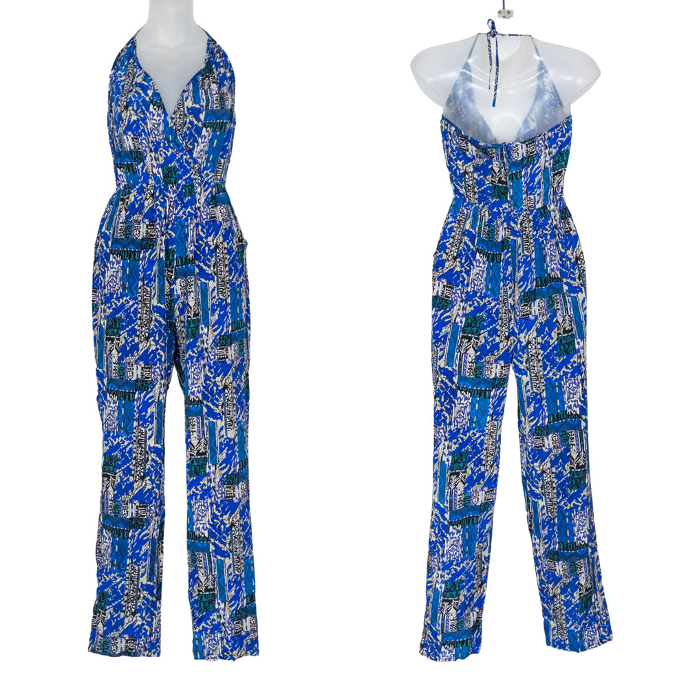 YUMI KIM Blue Asian Inspired Print Silk Dina Jumpsuit Halter Women's Small